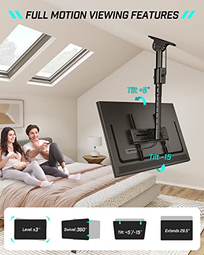 Greenstell Ceiling TV Mount with Power Outlet, TV Mount for 26-65 inch TVs, TV Ceiling Mount with 900J Surge Protection, Swivel, Tilt and 6 Height Adjustable, Max VESA 400x400mm, Holds up to 110Lbs