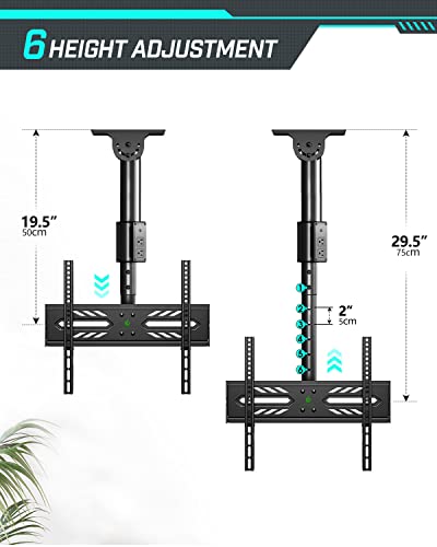 Greenstell Ceiling TV Mount with Power Outlet, TV Mount for 26-65 inch TVs, TV Ceiling Mount with 900J Surge Protection, Swivel, Tilt and 6 Height Adjustable, Max VESA 400x400mm, Holds up to 110Lbs