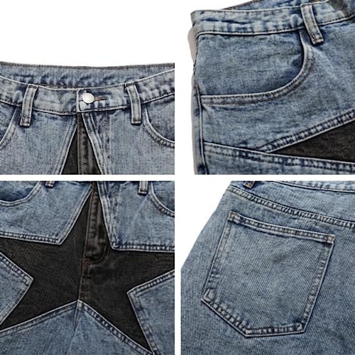 Aelfric Eden Men's Star Patchwork Denim Shorts Mid Rise Stretchy Patchwork Jeans Shorts Casual Denim Shorts Streetwear