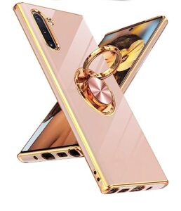 leyi for note 10 case- 360° rotatable ring holder magnetic kickstand, plating rose gold edge protective case [ not applicable note 10 plus], pink