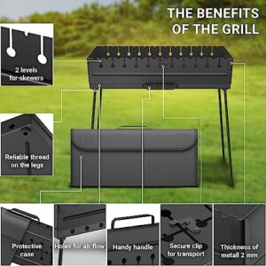 Charcoal Grill for 12 Skewers - Portable Barbecue 20.87"L x 12.60"W x 20.87"H Camp Grills - Mangal schaschlik - Foldable Metal Mangal - Kebab Shish - BBQ for EDC Picnic Outdoor Cooking Camping Hiking…