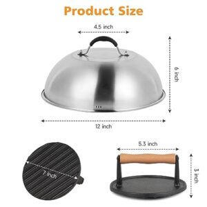 SHINESTAR Cast Iron Griddle Press with 12-Inch Melting Dome for Blackstone Griddle, Flat Top Grill & Griddle Accessories, Ideal for Patty, Burger, Bacon, Panini, Indoor and Outdoor Cooking
