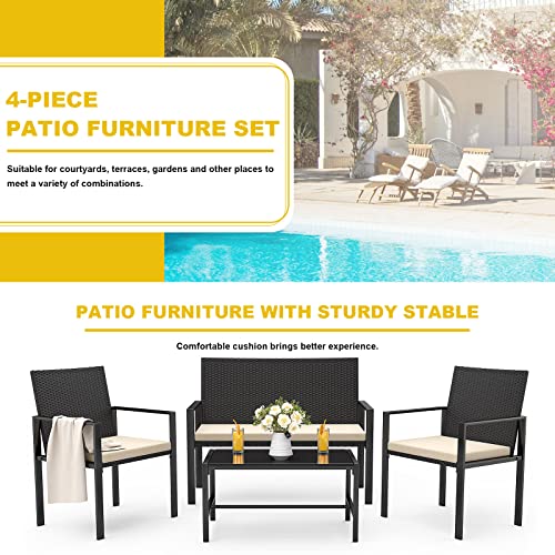 rattantree Patio Furniture Set, 4 Pieces Outdoor Rattan Garden Furniture Set Wicker Patio Conversation Furniture Set for Yard, Poolside, Lawn, Porch and Backyard (Black 1)