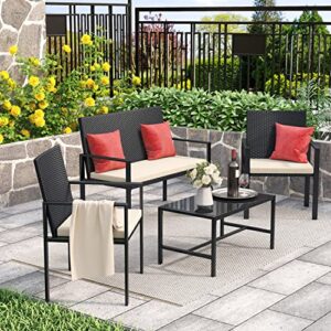 rattantree Patio Furniture Set, 4 Pieces Outdoor Rattan Garden Furniture Set Wicker Patio Conversation Furniture Set for Yard, Poolside, Lawn, Porch and Backyard (Black 1)