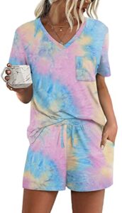 rubzoof pajama sets for women tie-dye casual soft short sleeve summer lounge sets sleepwear tie-dye-b m