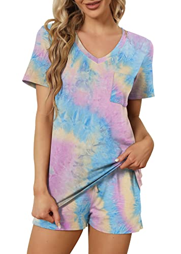 RUBZOOF Pajama Sets for Women Tie-dye Casual Soft Short Sleeve Summer Lounge Sets Sleepwear Tie-dye-B M