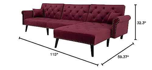 FANYE Red L-Shaped 3 Seater Convertible Sleeper Bed,Corner Velvet Tufted Sectional Sofa & Couch with Reversible Chaise and Nailhead Decor for Home Office Apartment Living Room