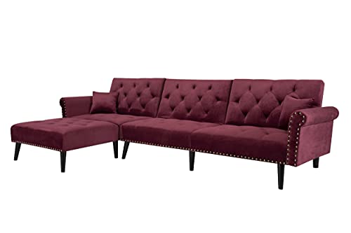 FANYE Red L-Shaped 3 Seater Convertible Sleeper Bed,Corner Velvet Tufted Sectional Sofa & Couch with Reversible Chaise and Nailhead Decor for Home Office Apartment Living Room