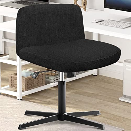 DKALIO Armless Office Chair,Desk Chair No Wheels,Cross Legged Vanity Chair,Fabric Office Chair Wide-Seat,Comfortable Height Adjustable Swivel Padded Home Office Desk Chairs(Black)