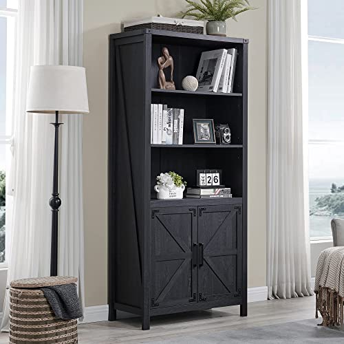 JXQTLINGMU Farmhouse Storage Cabinet, 5 Shelf Bookshelf, Bookcase, Pantry Cabinet, Versatile Storage Cabinet with Doors and Adjustable Shelves for Living Room, Bedroom, Kitchen (Black)