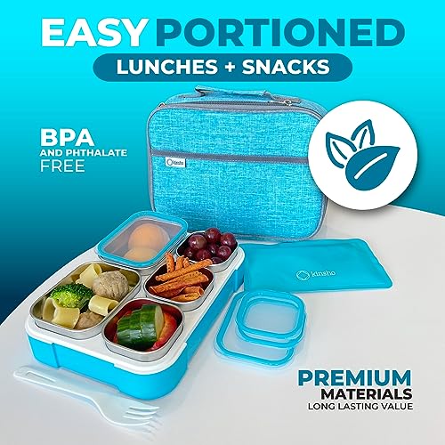 Stainless Steel Kids Bento Lunch-Box with Lunch Bag Ice Pack for Toddler Kids Adult, Leak-Proof School Lunch Container Boxes, Food Snack Containers for Child Daycare Picnic, 5 Compartment 34 oz Blue
