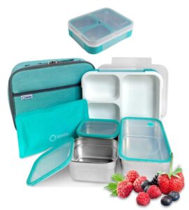stainless steel bento lunch box for adults kids with insulated bag and ice pack, set of 3 large leakproof meal prep food containers for men or women, lunch-boxes for work or school, 42 oz teal blue