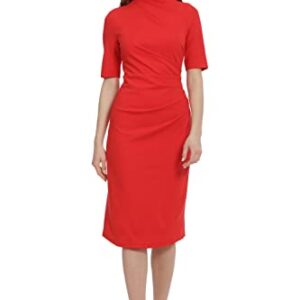 Maggy London Women's Side Pleat Dress with Asymmetric Neck and Elbow Sleeves, True Red