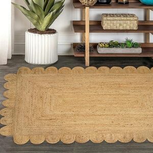 GRUHUM Scalloped Jute Area Rug 4'x6' ft Natural Fibre Rectangular Handwoven Boho Reversible Farmhouse Soft Braided Rustic Vintage Rug Indoor Outdoor Livingroom Bedroom Kitchen Hallways Enterways