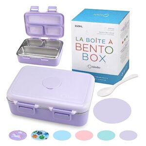 kinsho stainless steel lunch box for baby or toddlers girls, mini bento, 3 eco metal portion sections leakproof lid, pre-school daycare lunches, toddler and kids spill-proof snack container, purple