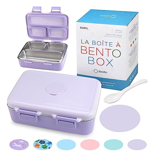 kinsho Stainless Steel Lunch Box for Baby or Toddlers Girls, Mini Bento, 3 Eco Metal Portion Sections Leakproof Lid, Pre-School Daycare Lunches, Toddler and Kids Spill-Proof Snack Container, Purple