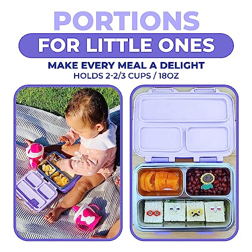 kinsho Stainless Steel Lunch Box for Baby or Toddlers Girls, Mini Bento, 3 Eco Metal Portion Sections Leakproof Lid, Pre-School Daycare Lunches, Toddler and Kids Spill-Proof Snack Container, Purple