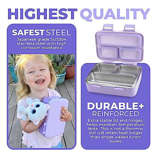 kinsho Stainless Steel Lunch Box for Baby or Toddlers Girls, Mini Bento, 3 Eco Metal Portion Sections Leakproof Lid, Pre-School Daycare Lunches, Toddler and Kids Spill-Proof Snack Container, Purple