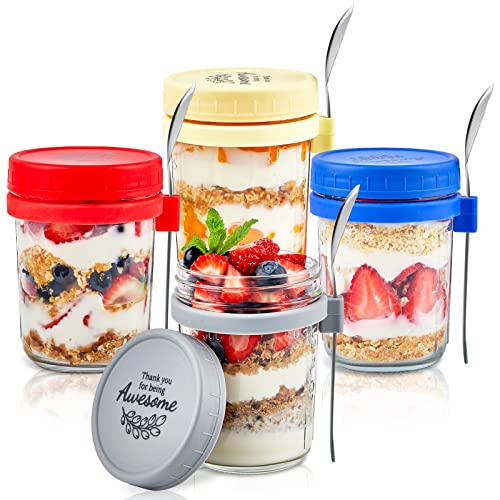 ZORRITA 4 Pack Overnight Oats Containers with Lids and Spoons, 12 oz To Go Oatmeal Container with Measurement Marks Glass Mason Jars with Lid for Yogurt Cereal Fruit Salad Parfait On The Go