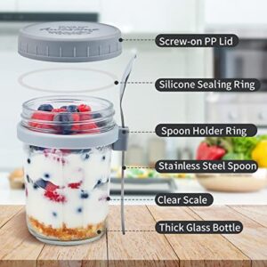 ZORRITA 4 Pack Overnight Oats Containers with Lids and Spoons, 12 oz To Go Oatmeal Container with Measurement Marks Glass Mason Jars with Lid for Yogurt Cereal Fruit Salad Parfait On The Go