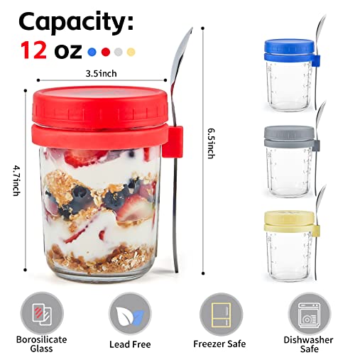 ZORRITA 4 Pack Overnight Oats Containers with Lids and Spoons, 12 oz To Go Oatmeal Container with Measurement Marks Glass Mason Jars with Lid for Yogurt Cereal Fruit Salad Parfait On The Go