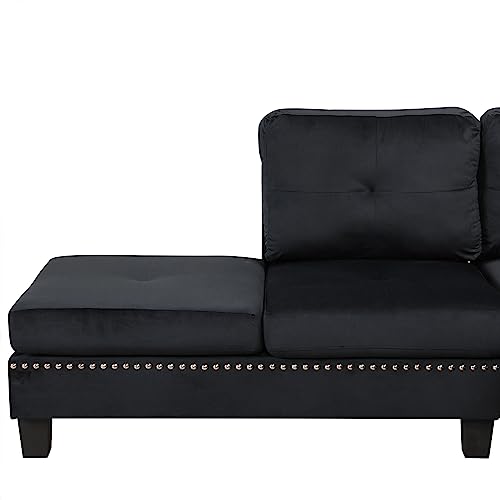 Casa Andrea Milano 3-Piece Velvet with Nailhead Trim Sectional Sofa and Ottoman Set, Large, Black