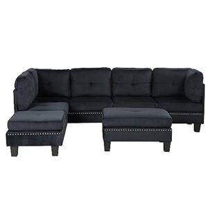 Casa Andrea Milano 3-Piece Velvet with Nailhead Trim Sectional Sofa and Ottoman Set, Large, Black