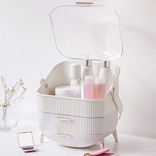 MASSY Egg Shape(Oval) Makeup Storage Box, Countertop Portable Vanity Cosmetics Organizer Preppy Style (MBOX-Ship From California)