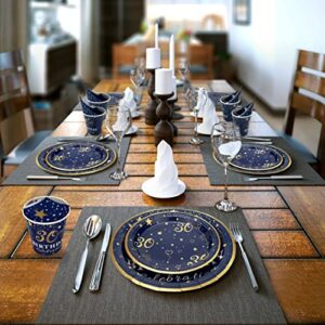 algpty 30th Birthday Decorations Plates and Napkins Blue and Gold, Service for 30, 30th Birthday Party Bundle Includes Navy Blue Plates, Napkins, Cups 30th Birthday Supplies for Men Women