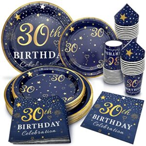 algpty 30th birthday decorations plates and napkins blue and gold, service for 30, 30th birthday party bundle includes navy blue plates, napkins, cups 30th birthday supplies for men women