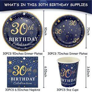 algpty 30th Birthday Decorations Plates and Napkins Blue and Gold, Service for 30, 30th Birthday Party Bundle Includes Navy Blue Plates, Napkins, Cups 30th Birthday Supplies for Men Women