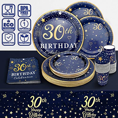 algpty 30th Birthday Decorations Plates and Napkins Blue and Gold, Service for 30, 30th Birthday Party Bundle Includes Navy Blue Plates, Napkins, Cups 30th Birthday Supplies for Men Women