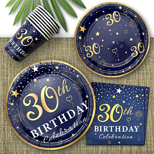 algpty 30th Birthday Decorations Plates and Napkins Blue and Gold, Service for 30, 30th Birthday Party Bundle Includes Navy Blue Plates, Napkins, Cups 30th Birthday Supplies for Men Women