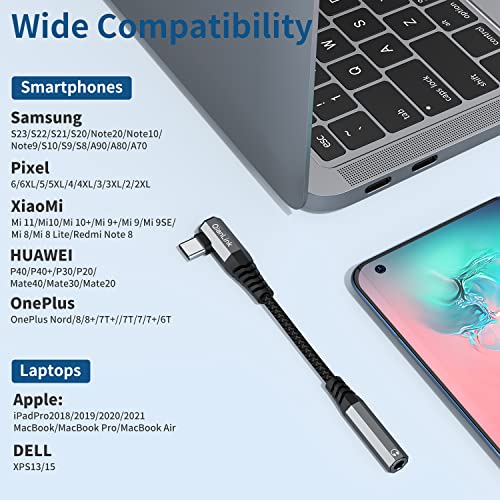 USB C to 3.5mm Female Headphone Jack Adapter (2-Pack), Type C to Aux Audio Dongle Cable Cord Right Angle for iPhone 15 Plus Pro Max Samsung Galaxy S23 S22 S21 Ultra, Note 20, Pixel, MacBook iPad Pro