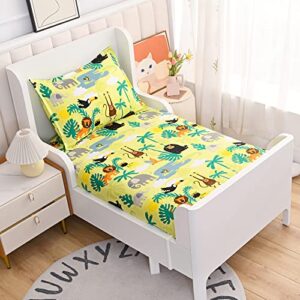kwlover 2pc soft bed fitted sheet and pillowcase set for single bed, cute animals printed sheets for kids teen boys girls twin size bed (yellow, twin)