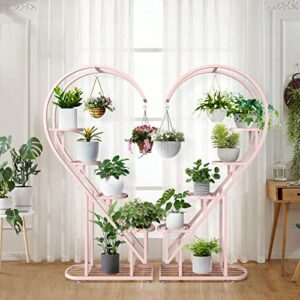coutinfly heart shaped plant stands outdoor, pink large metal plant stand indoor with rack, 10 tiered tall flower stand plant shelves for patio lawn garden balcony corner plant display(2 pack)
