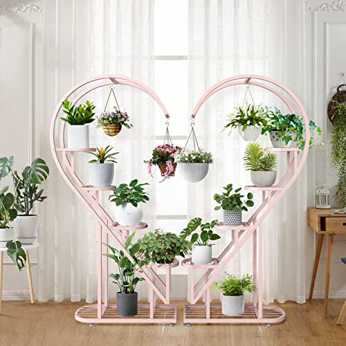 coutinfly Heart Shaped Plant Stands Outdoor, Pink Large Metal Plant Stand Indoor with Rack, 10 Tiered Tall Flower Stand Plant Shelves for Patio Lawn Garden Balcony Corner Plant Display(2 Pack)