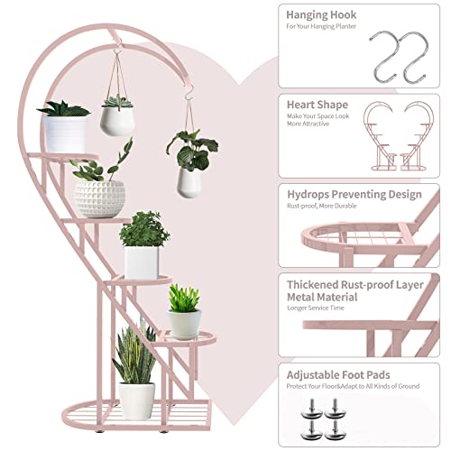 coutinfly Heart Shaped Plant Stands Outdoor, Pink Large Metal Plant Stand Indoor with Rack, 10 Tiered Tall Flower Stand Plant Shelves for Patio Lawn Garden Balcony Corner Plant Display(2 Pack)