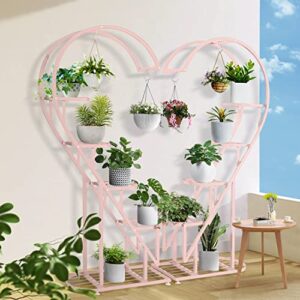 coutinfly Heart Shaped Plant Stands Outdoor, Pink Large Metal Plant Stand Indoor with Rack, 10 Tiered Tall Flower Stand Plant Shelves for Patio Lawn Garden Balcony Corner Plant Display(2 Pack)