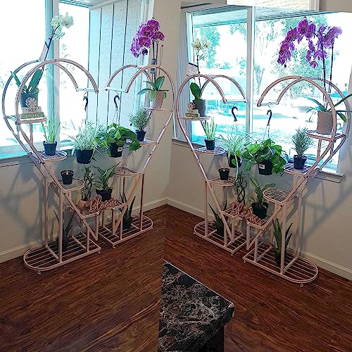 coutinfly Heart Shaped Plant Stands Outdoor, Pink Large Metal Plant Stand Indoor with Rack, 10 Tiered Tall Flower Stand Plant Shelves for Patio Lawn Garden Balcony Corner Plant Display(2 Pack)