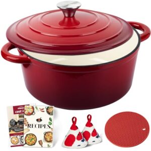 overmont 5.5qt enameled cast iron dutch oven with lid cookbook & cotton heat-resistant cap, heavy-duty casserole with dual handles for braising, stews, roasting, bread baking