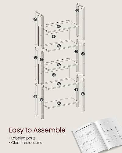 VASAGLE 5-Tier Bookshelf, Book Shelf, Industrial Bookcase, with Steel Frame, for Living Room, Home Office, Bedroom, 9.4" D x 24.4" W x 65" H, Rustic Walnut + Black