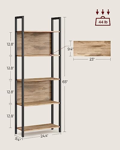 VASAGLE 5-Tier Bookshelf, Book Shelf, Industrial Bookcase, with Steel Frame, for Living Room, Home Office, Bedroom, 9.4" D x 24.4" W x 65" H, Rustic Walnut + Black