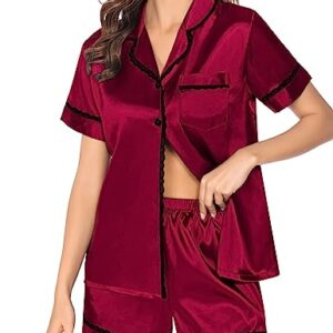 SWOMOG Summer Silk Pajamas for Women Satin Pjs Two Piece Soft Lace Lounge Shorts Button Down Pj Short Sleepwear Loungewear Wine Red