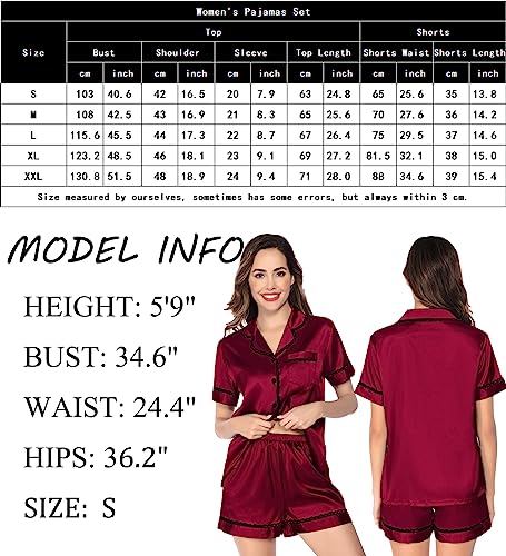 SWOMOG Summer Silk Pajamas for Women Satin Pjs Two Piece Soft Lace Lounge Shorts Button Down Pj Short Sleepwear Loungewear Wine Red