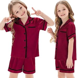 SWOMOG Summer Silk Pajamas for Women Satin Pjs Two Piece Soft Lace Lounge Shorts Button Down Pj Short Sleepwear Loungewear Wine Red