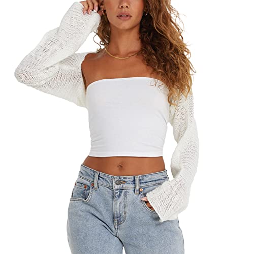 Women Y2K Crochet Shrug Sweater Knitted Long Sleeve Solid Color Open Front Cropped Cardigan Crop Tops Streetwear (F Creamy, M)