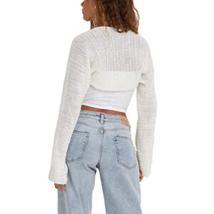 Women Y2K Crochet Shrug Sweater Knitted Long Sleeve Solid Color Open Front Cropped Cardigan Crop Tops Streetwear (F Creamy, M)