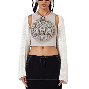 Women Y2K Crochet Shrug Sweater Knitted Long Sleeve Solid Color Open Front Cropped Cardigan Crop Tops Streetwear (F Creamy, M)