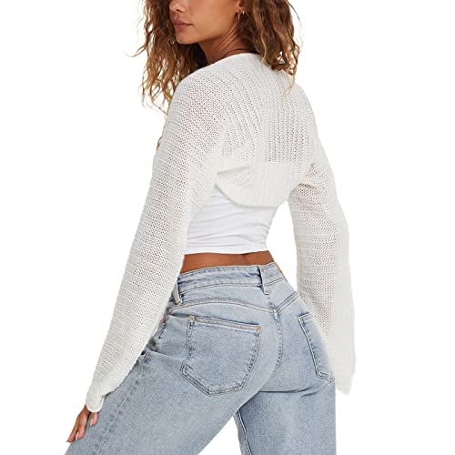 Women Y2K Crochet Shrug Sweater Knitted Long Sleeve Solid Color Open Front Cropped Cardigan Crop Tops Streetwear (F Creamy, M)